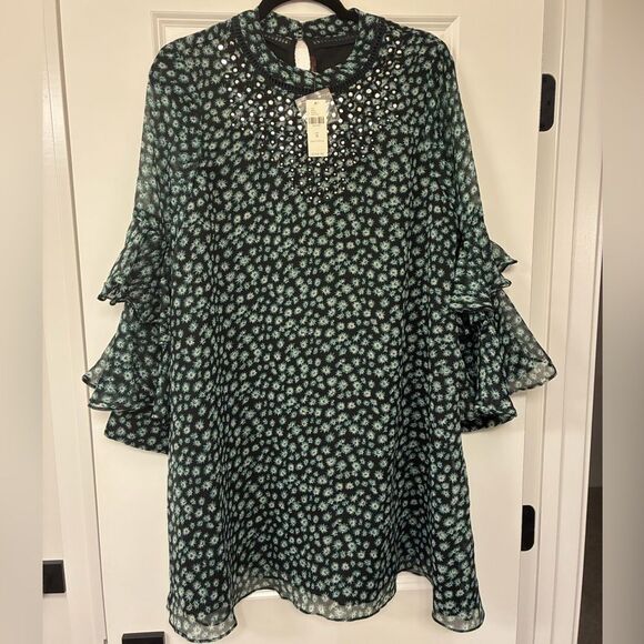 NWT ANTHROPOLOGIE RANNA GILL Fluttered Tunic Dress Ruffle Sleeves Blue Green Med - Picture 6 of 13